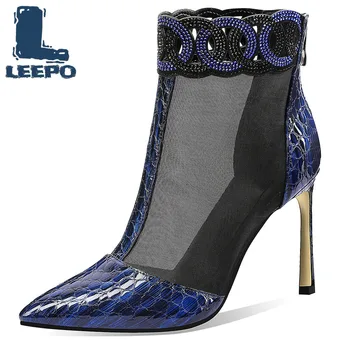 

Summer Boots for Women Cow Leather Super High Heels Perforated Net Boots Woman Party Hollow Mesh Summer Ankle Boots Ladies Shoes