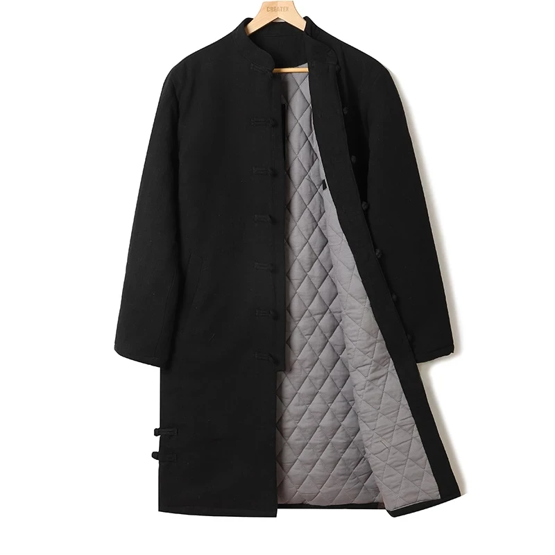 

High Quality Hanfu Chinese Style Tang Suit Linen Thick Cotton Coat Winter Chinos Clothes Men Long Black Navy China Jacket Tops