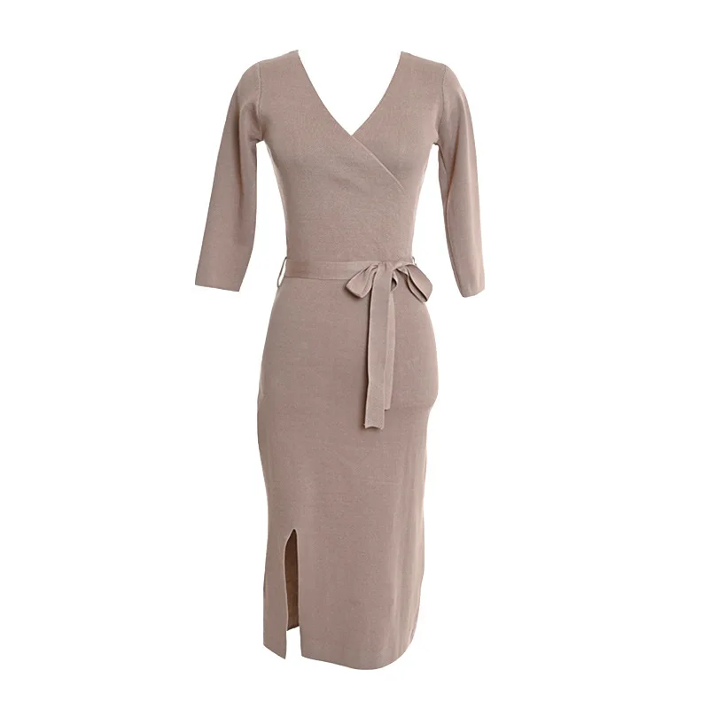 Autumn/winter long v-neck long sleeve dress for ladies, bodice for bodice, fashion, sexy, solid-color, long sleeve winter/autumn