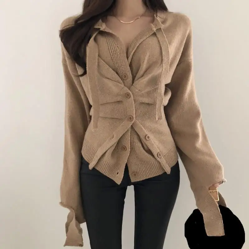 

Women Solid V-Neck Asymmetrical Cardigan Winter Slim Knitwear Knitted Sweater Casual Ripped Cardigans Tops