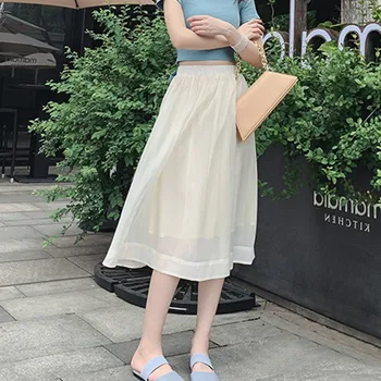

Women 2020 Korean Style Solid Color Skirts Ladies Mid-calf Summer High Waist Beach Chiffon Mesh Tulle Skirt