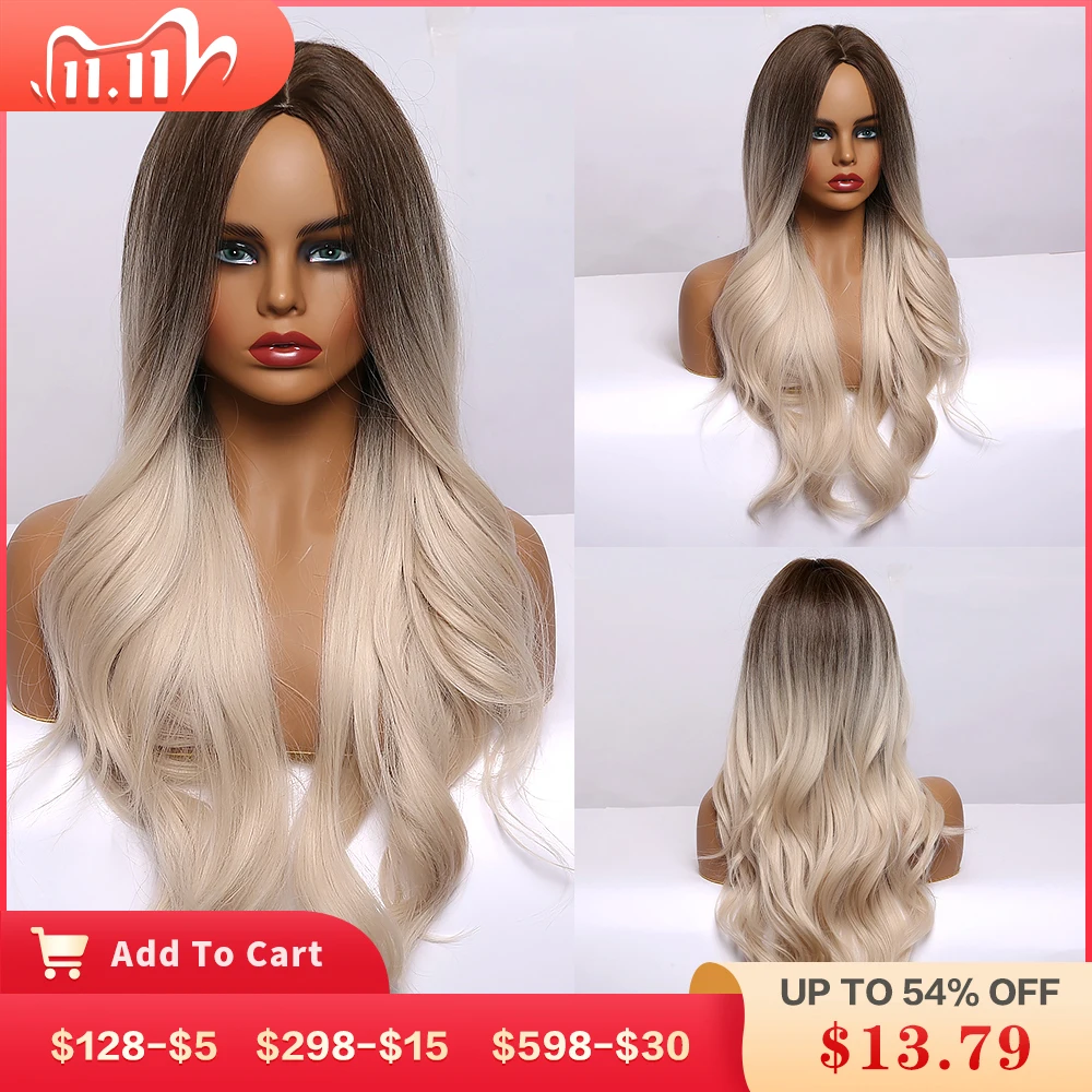 

Long Wavy Brown to Light Blonde Ombre Hair Wigs Middle Part Natural Synthetic Wigs for Black Women Cosplay Heat Resistant Wigs