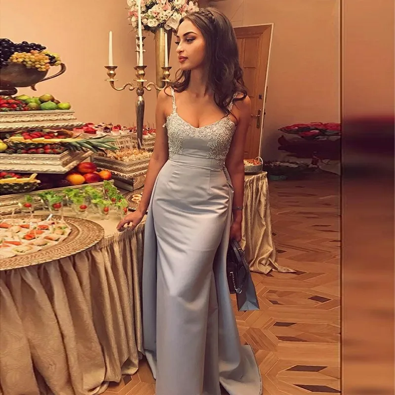 

Prom Dress Mermaid Spaghetti Straps Sweep Train Detachable Silver with Appliques Party Gown