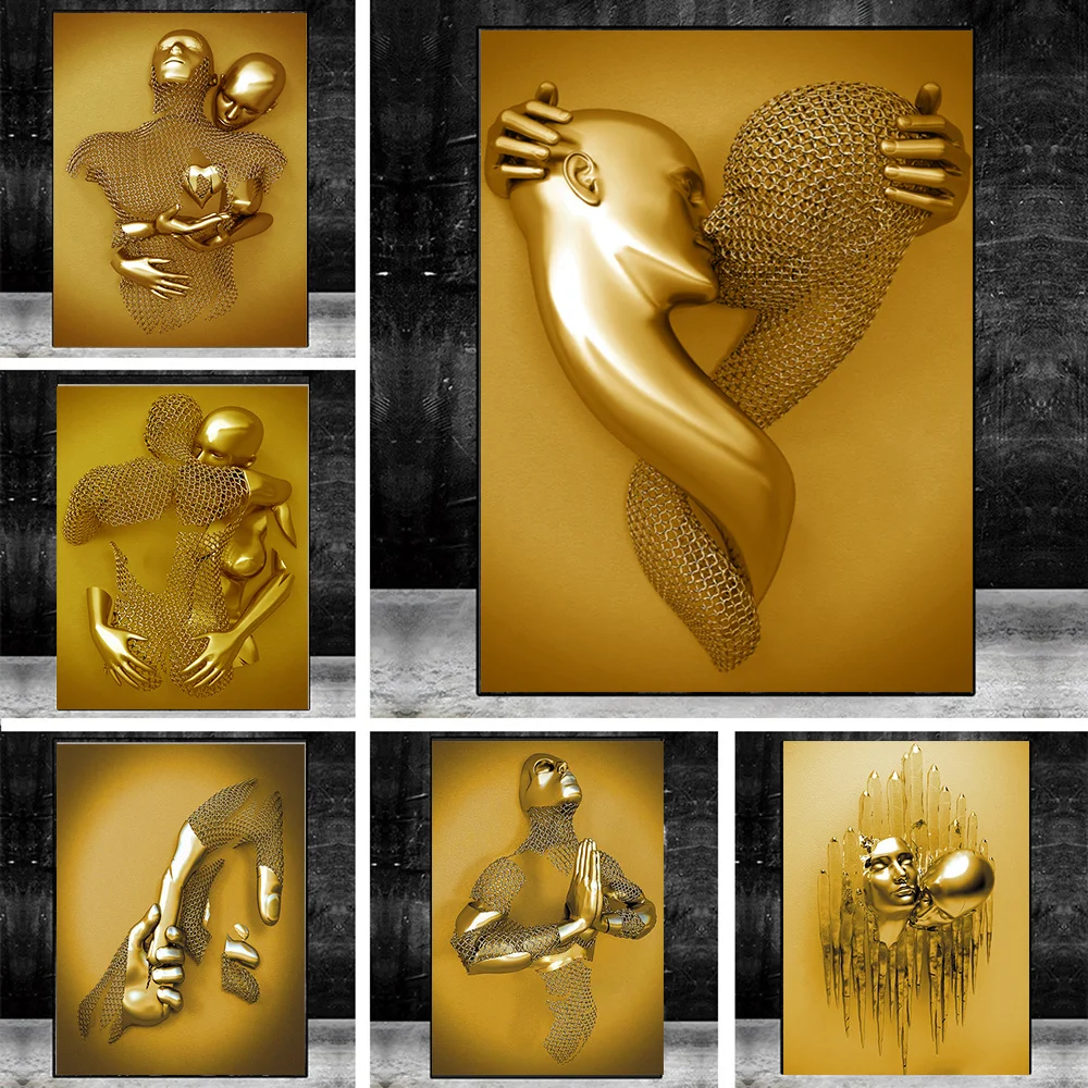 Kissing Metal Figure statue Canvas Painting Pop Abstract Wall Art Modern Posters and Prints For Living room Internal Home Decor