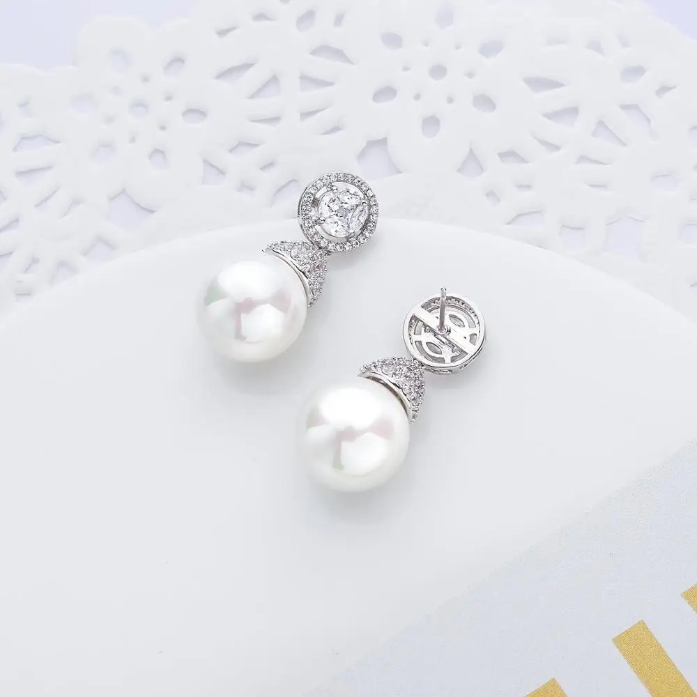 Pearl Cubic Zircon Drop Earrings for Wedding, Crystals Dangle Earring for Bride, Women Girl Gift CE10294