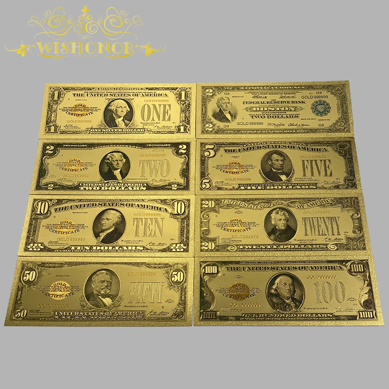 

8 pcs/ Set Nice 1928's America Banknote 1 2 5 10 20 50 100 Gold Banknote in 24k Gold Plated For Collection