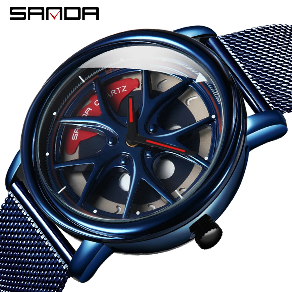 SANDA Men Rim Hub Watch Custom Design Car Wrist Watch Stainless Steel Custom not Printing Wheel Rim Hub Rotating Dial Watches 