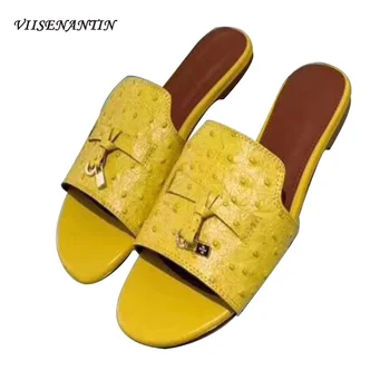 

New Fashion INS Square Toe Flat Heel Outside Slipper Summer Solid Genuine Leather Shoes Women