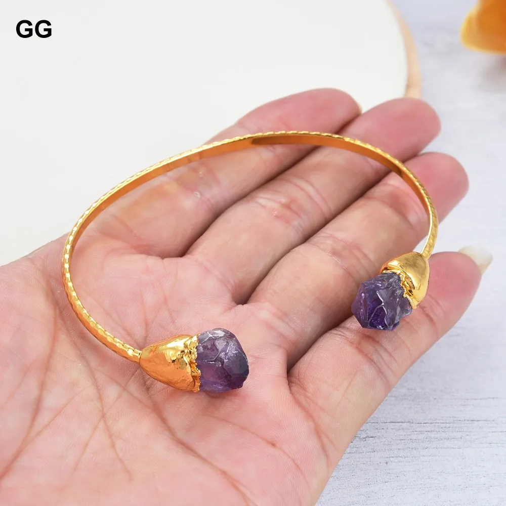 GuaiGuai Jewelry Natural Purple Amethyst Rough 24 K Yellow Golde Plated Bangle Bracelet