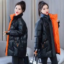  Parka Women 2021 New Winter Jacket Glossy Long Coat Cotton Padded Casual Parkas Jackets Thick Warm Female Overcoat Outwear 