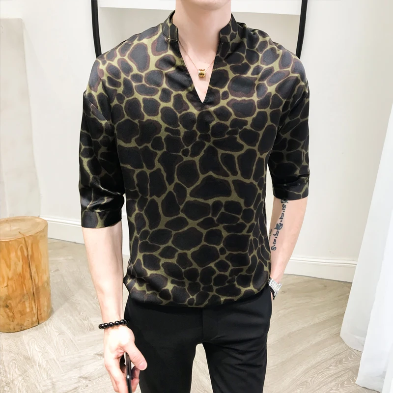 Leopard Мужская рубашка с леопардовым принтом, Повседневная деловая рубашка с коротким рукавом, уличная Мужская рубашка для работы в ночном клубе, Camisa Masculina - Цвет: Leopard