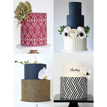 

European Retro Fondant Cake Printing Mold Geometric Line Printing Inkjet Template Scraper Embossed Mousse Cake Decorations
