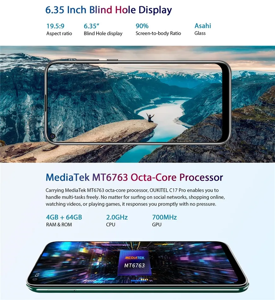  OUKITEL C17 Pro 6.35'' Android 9.0 4GB 64GB Smartphone 19:9 MT6763 CPU Fingerprint Face ID Octa Cor