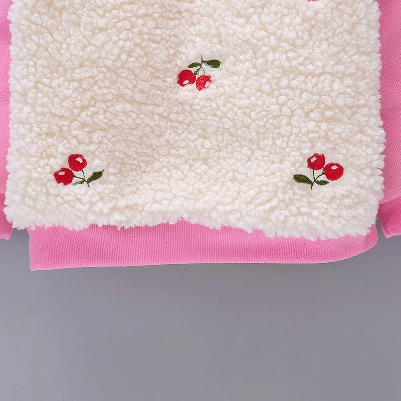 Winter Children Baby Babi Kids Girls Long Sleeve Sweatshirts Warm Cherry Fleece Thicken Velvet Pullover Sweatshirt WT944