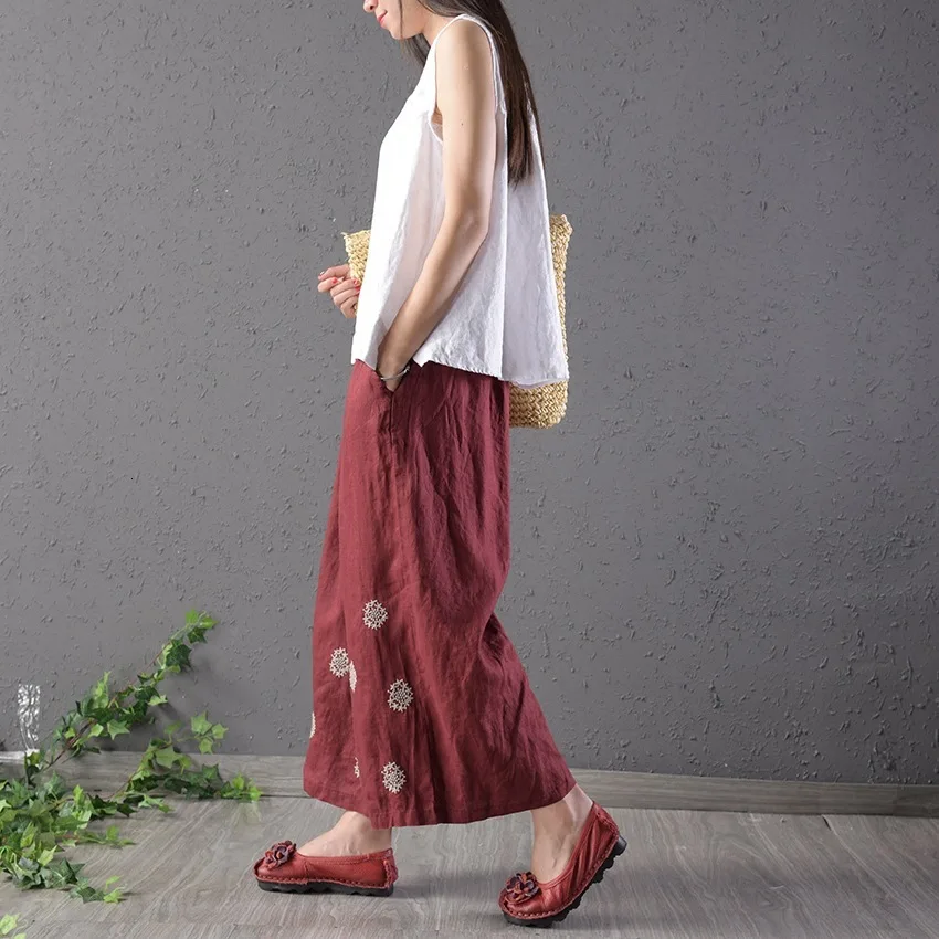 NINI WONDERLAND весенние хлопковые льняные широкие брюки с вышивкой Женские однотонные свободные брюки женские летние брюки длиной до щиколотки - Цвет: wine red