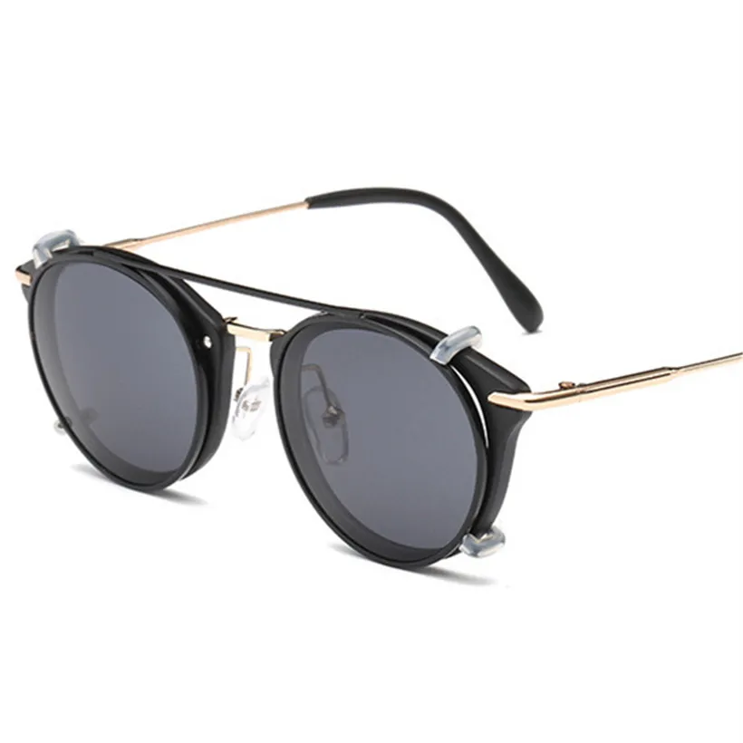 YOOSKE стимпанк винтажные Круглые Солнцезащитные очки на клипсах съемные брендовые дизайнерские солнцезащитные очки для женщин - Цвет линз: Черный
