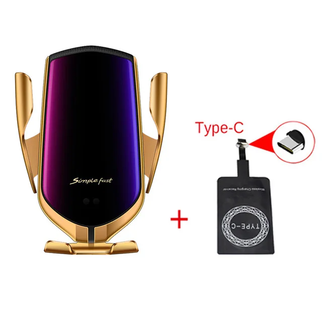 With type c receiver R1 Draadloze Oplader авто беспроводной автомобильное зарядное устройство автоматический зажим Крепление 10 Вт Быстрая зарядка индукция для Iphone X samsung в автомобиле - Тип штекера: With type c receiver