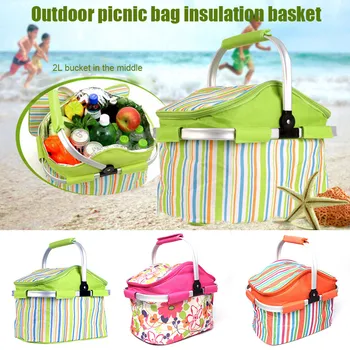 

Striped Aluminum Film Portable Basket 20L Folding Polyester Insulation Cold Outdoor Picnic Basket HB88