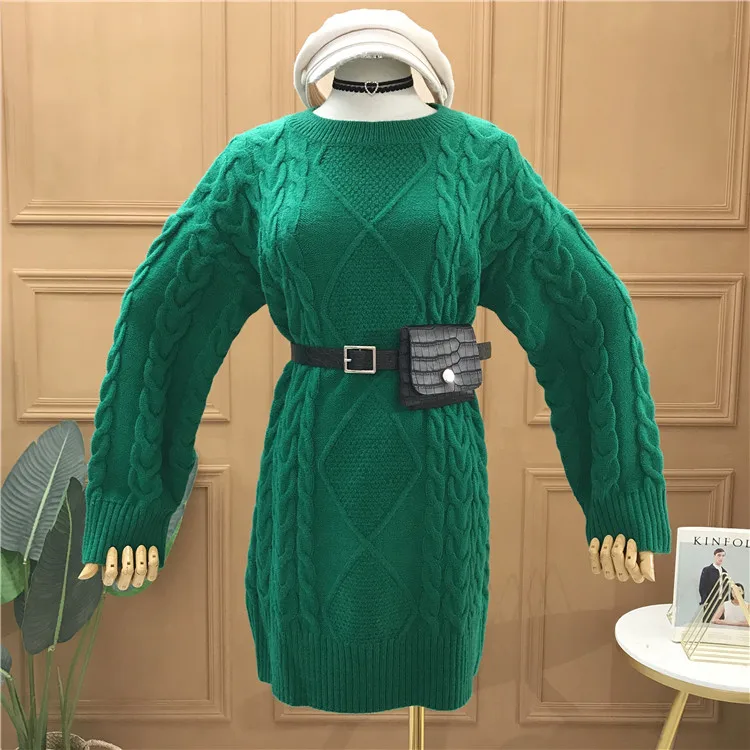 New Loose Long Sweater Women's Round Neck Retro Mid Length Knit Pullover Knitwear with Belt Girls Winter Knitted Shirt Sweaters