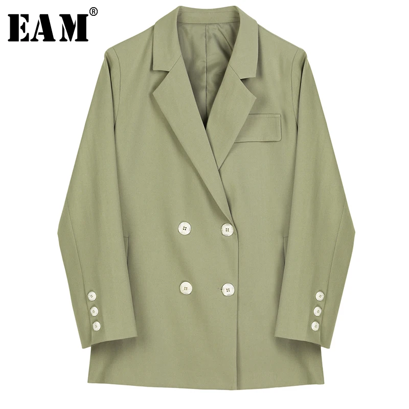 

[EAM] Loose Fit Bandage Double Breasted Jacket New Lapel Neck Long Sleeve Women Coat Fashion Tide Autumn Winter 2019 1B008