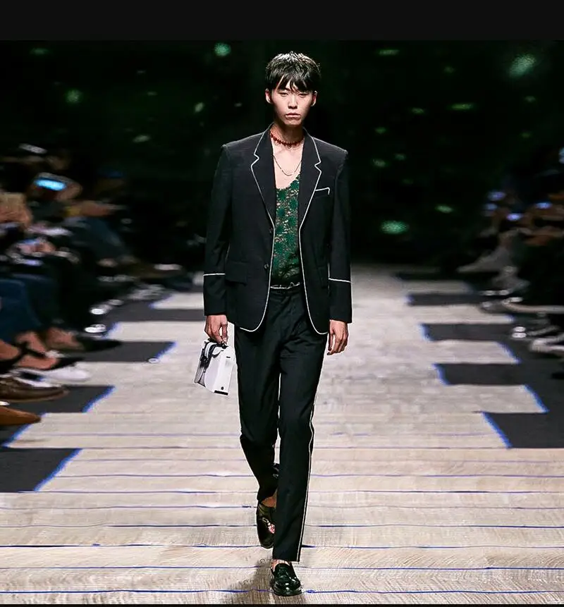 

XS-6XL New 2021 Men's Clothing Hair Stylist Catwalk College Style Ribbon Binding Suit Coat Top Plus Size Costumes