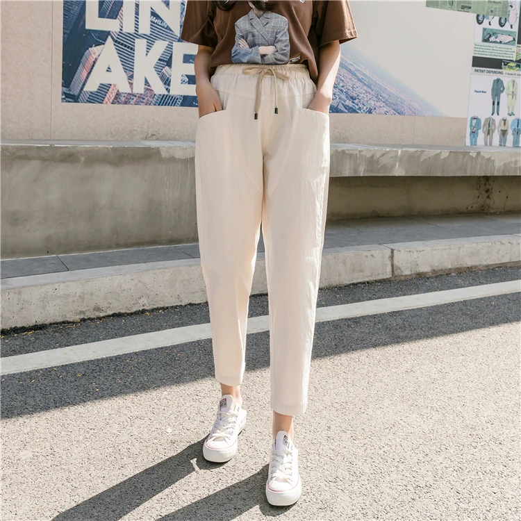 

New 2020 Summer Women Pants Casual Elastic Waist Pockets pant Ankle-Length Lace Up Harem Trousers CF055