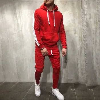 

Fashion Men's Striped Patchwork Sports Suit Hooded Casual Pocket Elastic Sports Sportswear Suit Two-piece Autumn Winter