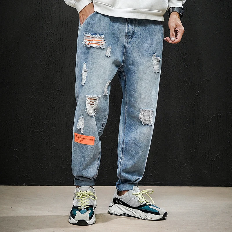 

iiDossan Loose HipHop Streetwear Men Harem Denim Jeans Men Pockets Regular Casual Korean Fashion Streetwear Pants Hollow Out New