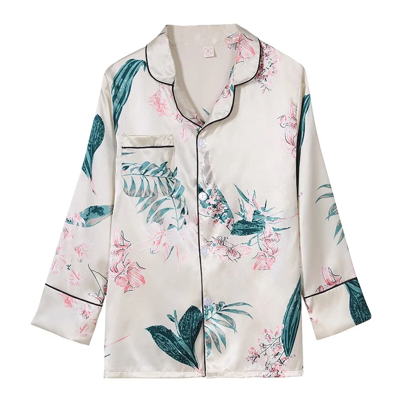 

Hot Selling Seven Pieces Pajamas Women's Spring And Autumn Summer Europe Silk Cardigan Tracksuit 7 Pieces Imitated Silk Fabric P