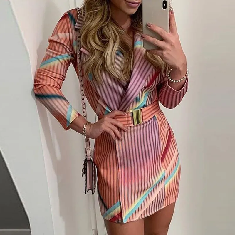 

Elegant Autumn Winter Colorful Striped Print Blazer Dress Women Classy OL Workwear Chic Streetwear Formal Party Dress