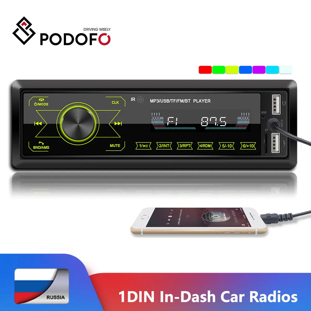 Podofo 1DIN In-Dash radia samochodowe Stereo pilot Bluetooth Audio Stereo 12V Radio samochodowe odtwarzacz Mp3 USB/AUX-IN kolorowe światła Podofo 1DIN In-Dash radia samochodowe Stereo pilot Bluetooth Audio Stereo 12V Radio samochodowe odtwarzacz Mp3 USB/AUX-IN kolorowe światła