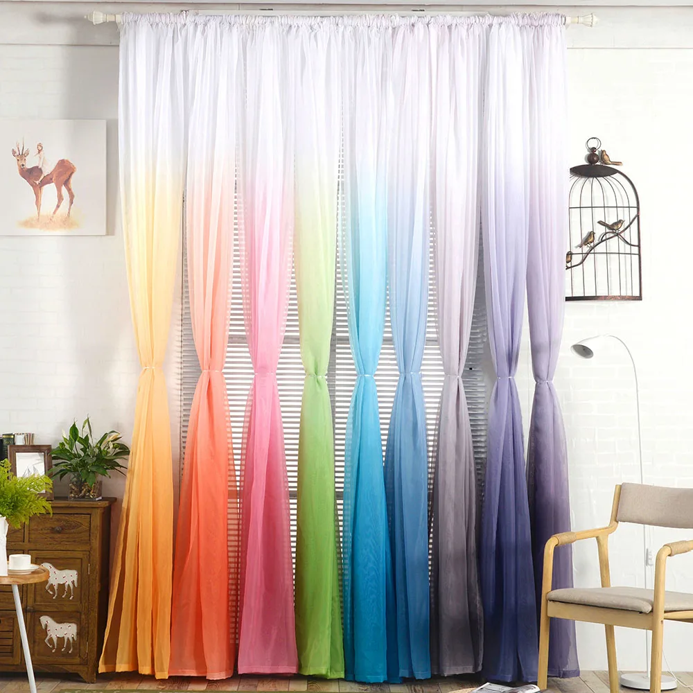 

Color Gradient Gradual Change Rainbow Curtains Brief Drape Panel Tulle Sheer for Girl Living Bedroom Door Balcony Background