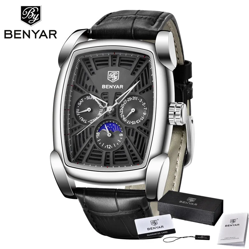BY515304 with box Benyar мужские спортивные наручные часы Авто Дата водонепроницаемые мужские военные армейские часы лучший бренд класса люкс синие мужские часы из натуральной кожи 5153 - Цвет: BY515304 with box