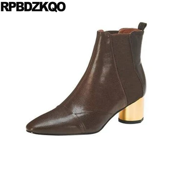 

brand booties chunky size 4 women ankle genuine leather fall pointed toe fur chelsea brown metal heel boots autumn winter shoes