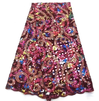 

2019 New Design Red Velvet With Sequins African French Velvet Lace Fabric High Quality Nigerian Velvet Lace Fabric For Garment
