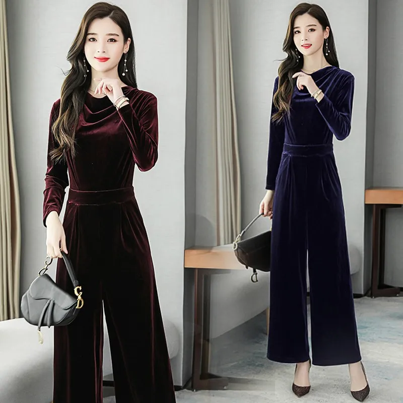 Long Jumpsuits 2021 New Women Sleeve Pile Collar Office Lady Solid Velvet Rompers |