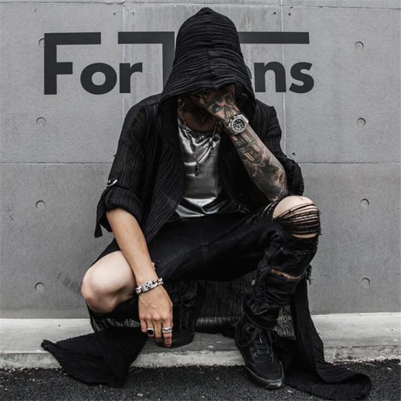 Spring summer men black thin cotton & linen punk hip hop long trench coat hooded cloak nightclub men gothic style vintage jacket