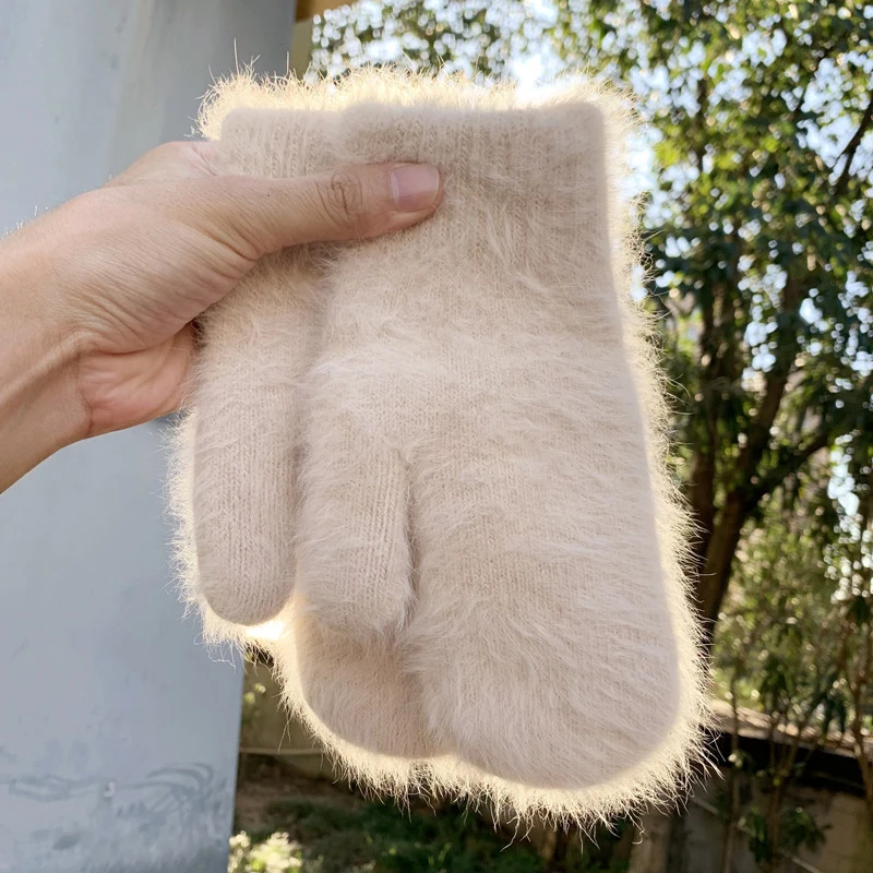 New Cute Rabbit Wool Gloves Korean Female Winter Thicken Warm Mittens Solid Color Elastic Full Finger Gloves Women Soft Gloves