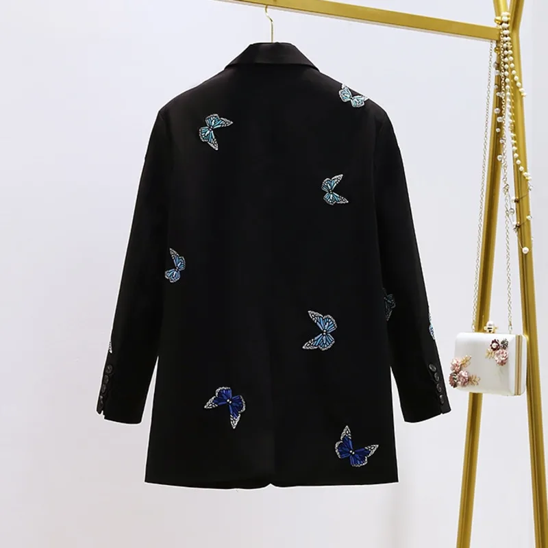 New Autumn Fashion Casual Notched Embroidery Butterfly Single Breasted Loose Blazer Coat Women Long Sleeve Chain OL Suit Outwear