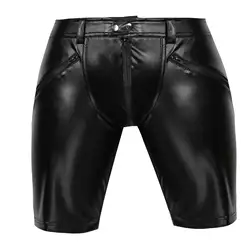 Black Latex Pants Mens Sexy Leather Middle Pants Clubwear Workout Gym Shorts PU Leather Trousers Motorcycle Pants Streetwear