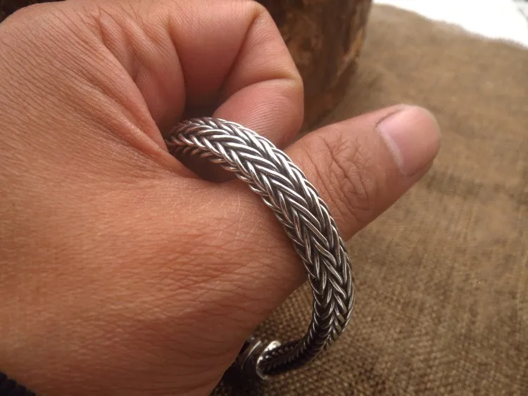 S925 Silver Pure Hand Woven 8mm Bracelet for Men Thai Silver Vintage Old 925 Sterling Silver Men Bracelet