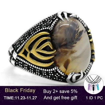 

Natural Agate Men Ring 925 Sterling Silver with Big Oval Stone & Black CZ Vintage Rings for Male Peaceful Symbol Turkish Jewelry
