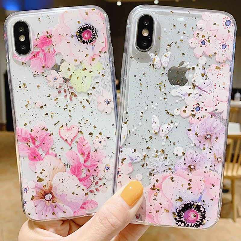 

Gold foil Pink flowers Cases for iPhone 7 plus 8 6 6s X XS max XR Case for iPhone X XR XS Max Transparent Soft TPU Back Cover