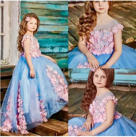 Синий High Quality Customized Blue Flower Girl Dress for Wedding Party with Pink 3D Flowers Puffy Tulle Kids Girls Pageant Gown - Цвет: Синий