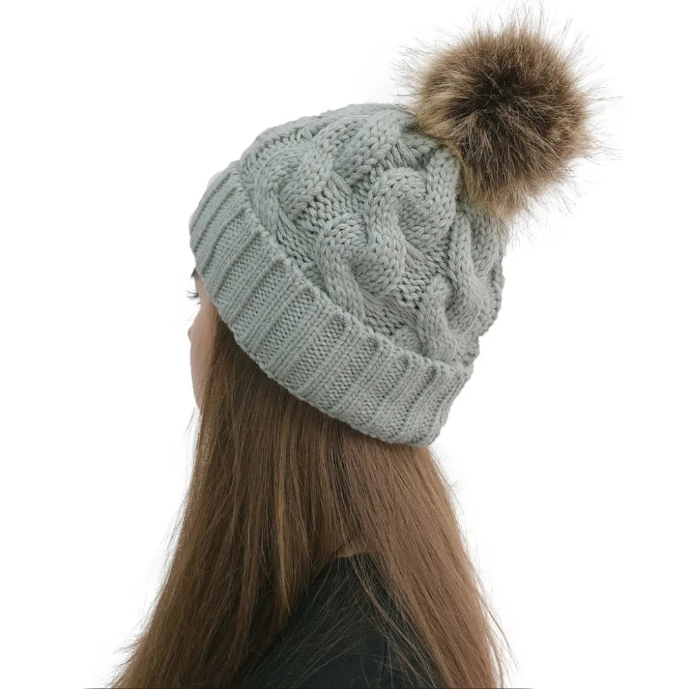 New Simple Winter Hat Wool Fur Beanie Outdoor Plush Ball HatsKnit Beret Beanie Cap Winter Skullies Warm Gorros Female Cap