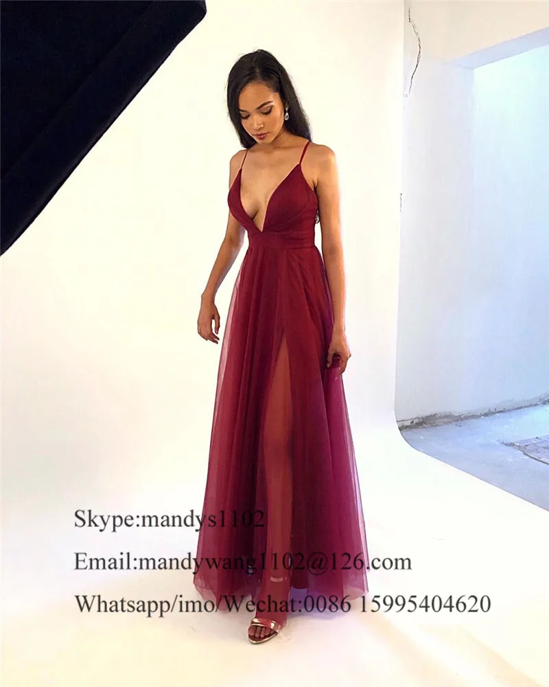 Mbcullyd High split Burgundy Prom Dresses Long Sexy V-neck Tull Evening Dress Pageant For Women Cheap Vestidos De Gala