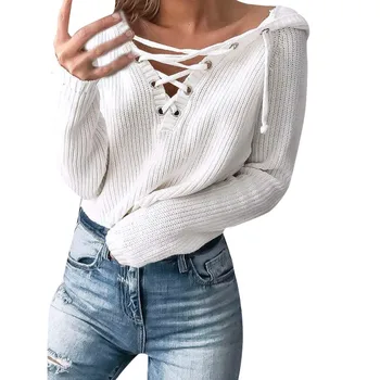 

Hooded V Neck Sweater Women Fashion Autumn Winter Baggy Lace Up Coat Shawl Knitted Oversized Sweater Mujer Jumper Truien Dames