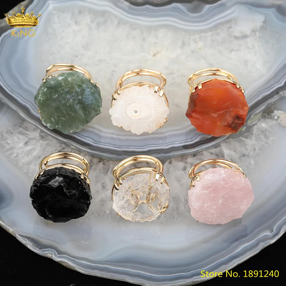 

5pcs Natural Druzy Geode Agates Sun Flower Gold Rings Jewelry,Pink White Quartz Slice Beads Adjustable Rings Statement Jewelry
