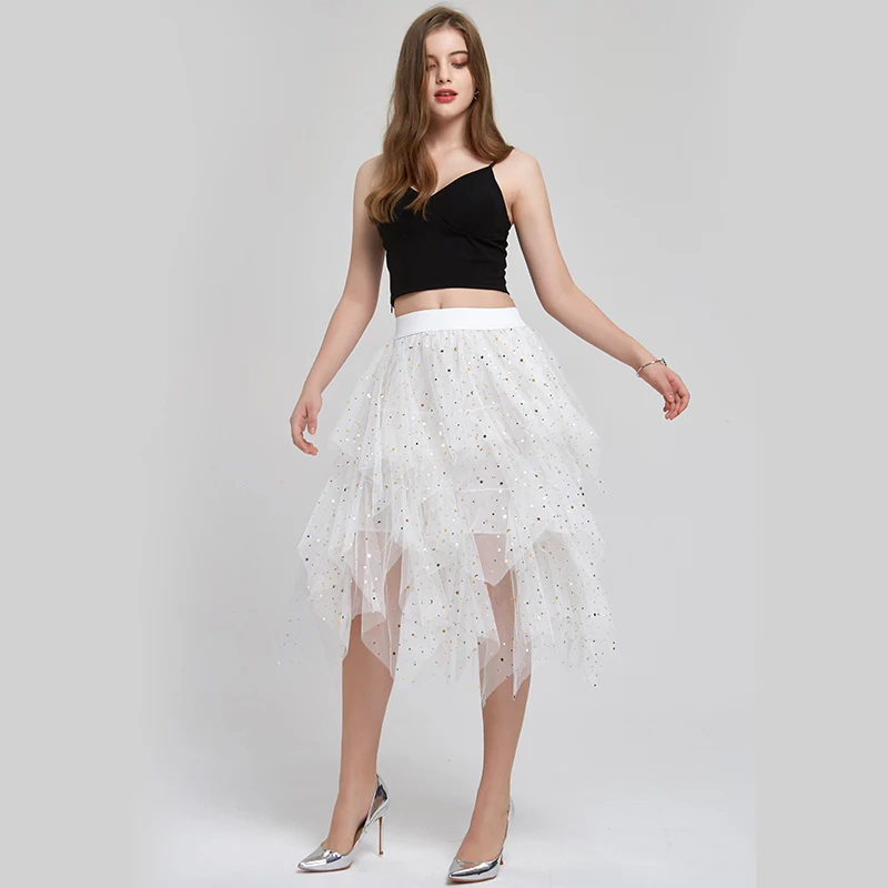 

New Cake Skirt Sequins Stars Half-Length Pleated Skirt Girl Students A Variety Of Colors Irregular Stitching Mesh Tutu Skirt