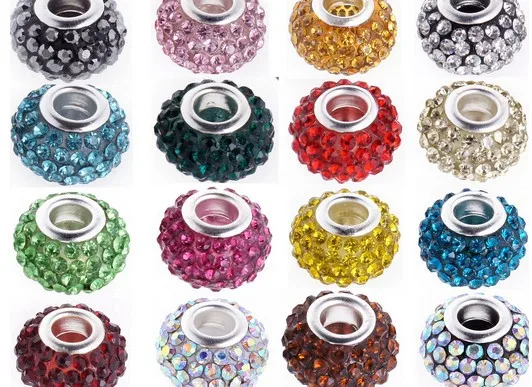 hrtr3t Mix 20 Color 14MM 100Pcs/lot Resin Rhinestone Silver Plated Core Big Hole Crystal European Beads Fit Charm Bracelets | Украшения и